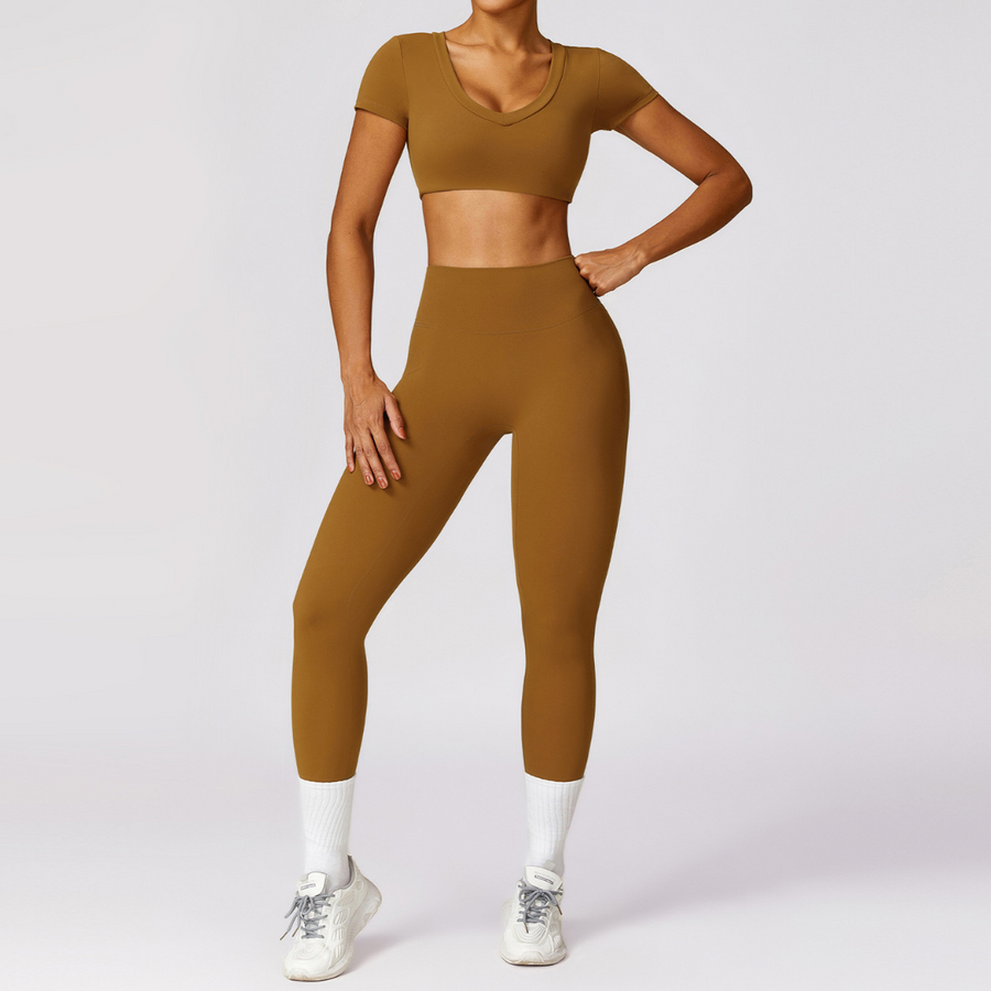 Short Sleeve Premium Scrunched Legging Set - Caramel