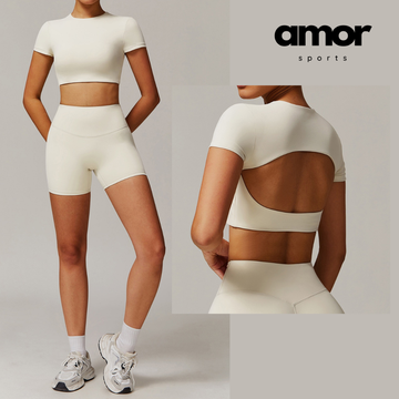 EVA Premium Short Sleeve Top Short Set - Beige