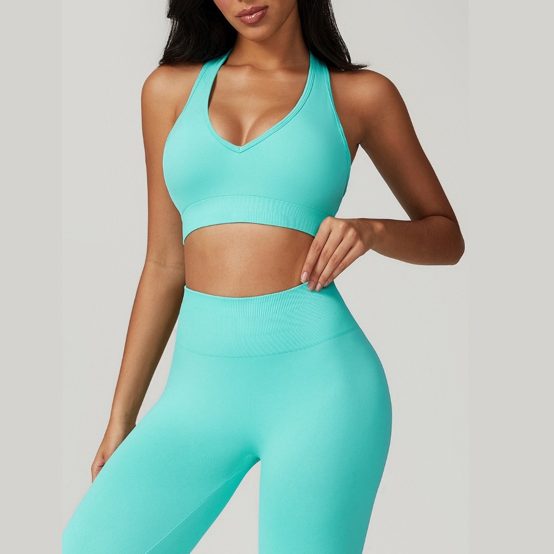 V-Neck Stylish Scrunched Flared Legging Set - Tiffany Blue