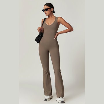 CATHY V-Shape Top Flared Bottom Jumpsuit - Brown