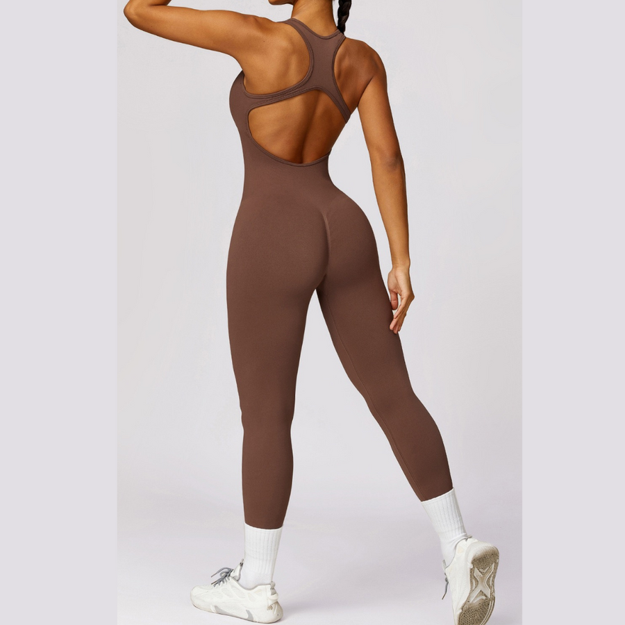 Seamless Cross Back Stylish Jumpsuit - Coffee