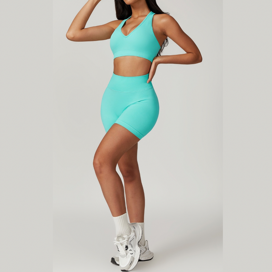 V-Neck Stylish Scrunched Short Set - Tiffany Blue