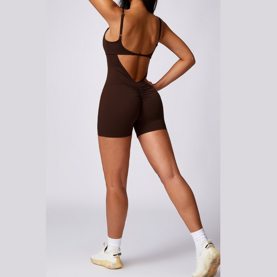 Deep V Scrunched Romper - Καφές 