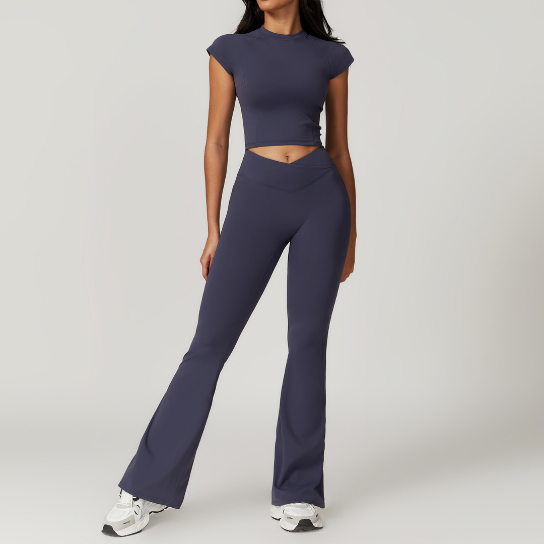 Sustainable Short Sleeve Flared Legging Set - Navy