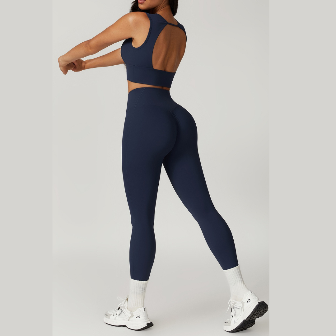 BELLE Chic Style Open Back Legging Set - Navy