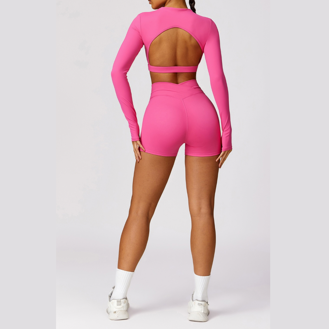 Elegant Long Sleeve Premium Short Set - Pink