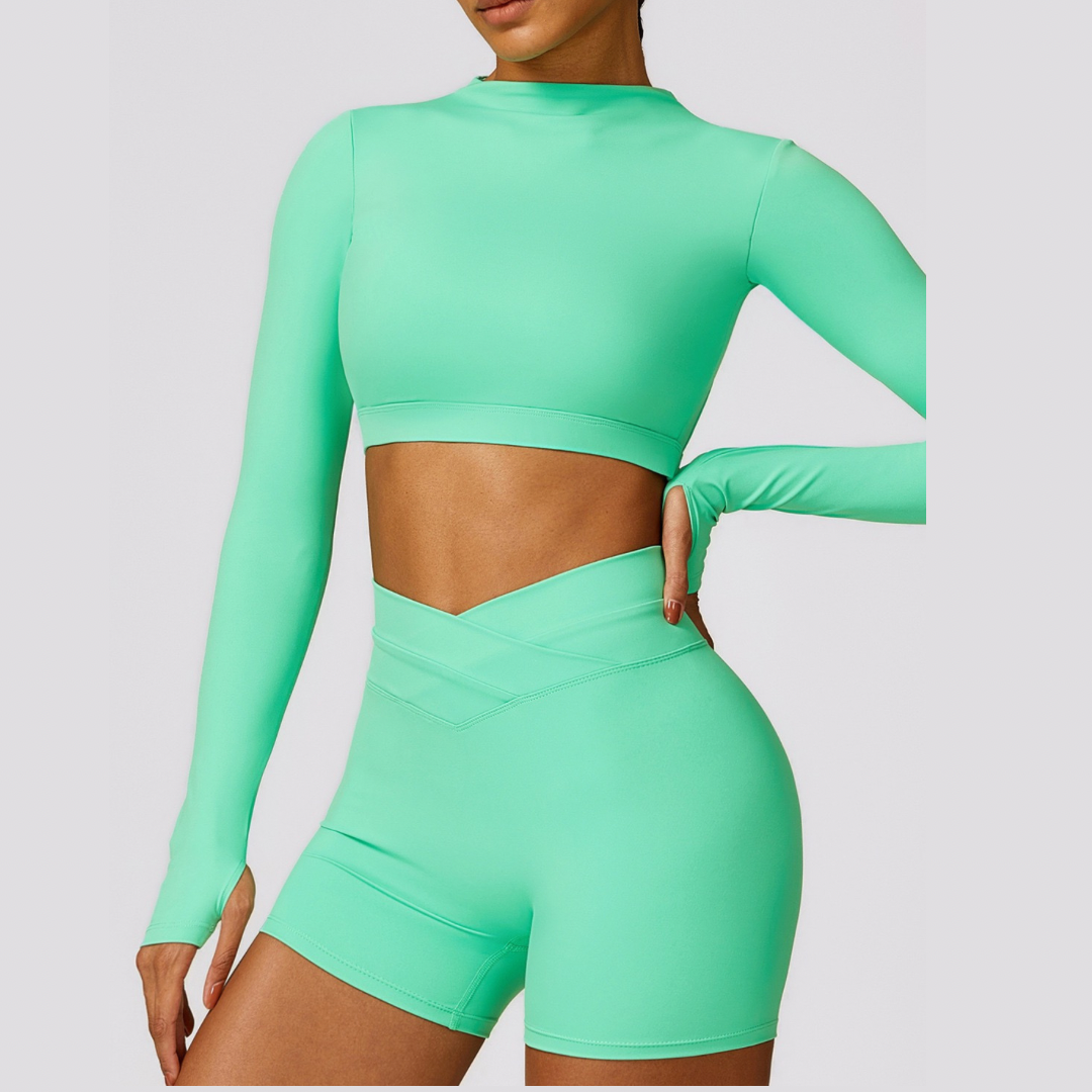 Elegant Long Sleeve Premium Short Set - Electric Green