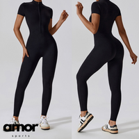 Classic Short-Sleeve Zipped Jumpsuit - Black