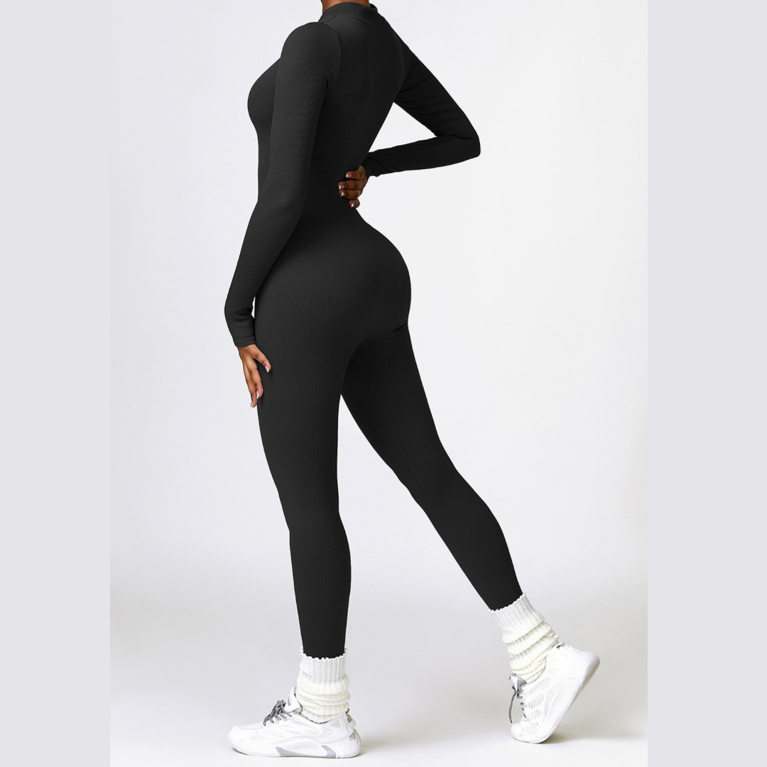 Zipped Long-sleeve Knit Jumpsuit - Black