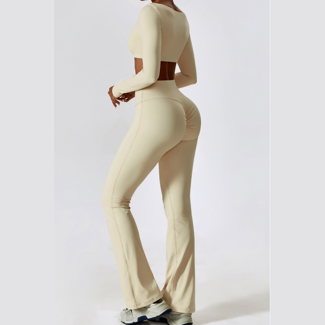 Long Sleeve Scrunch Flared Legging Set - Cream White