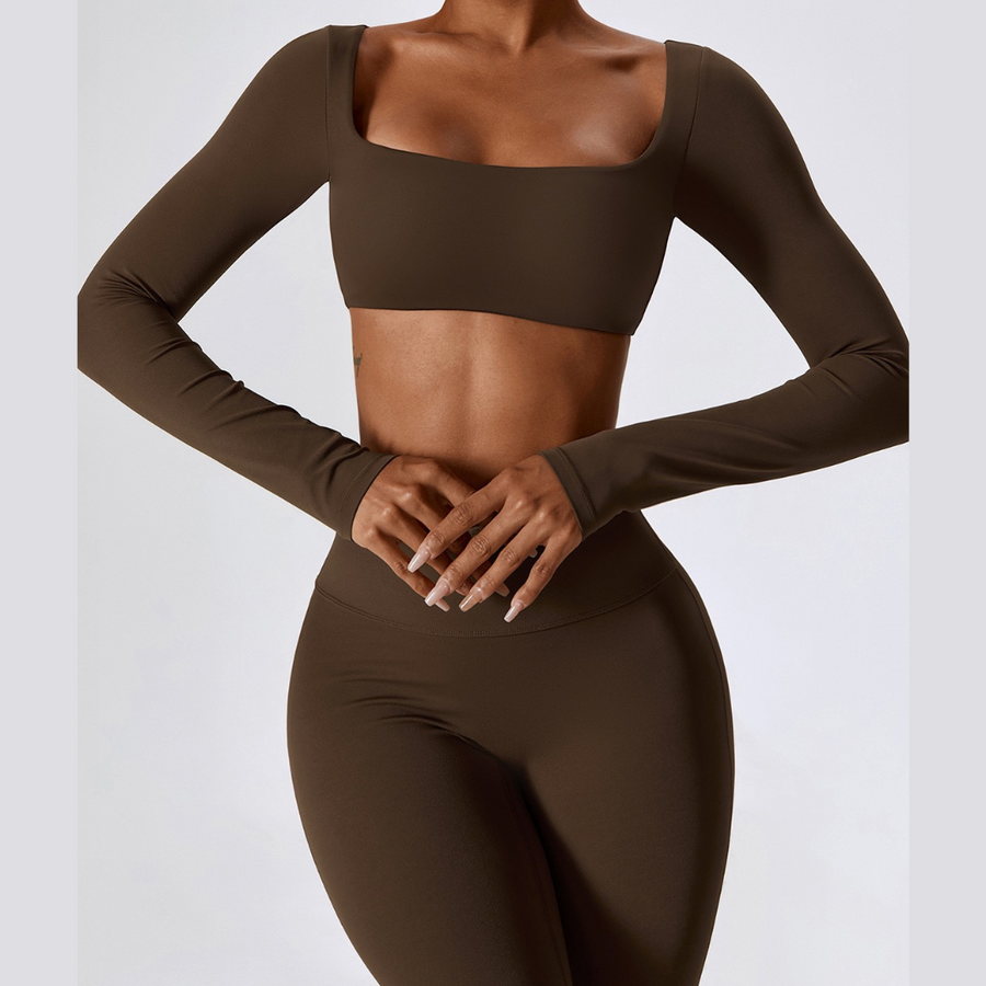 Long Sleeve Scrunch Flared Legging Set - Coffee