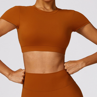 Stylish Backless Design Short Sleeve Crop Top - Red Clay