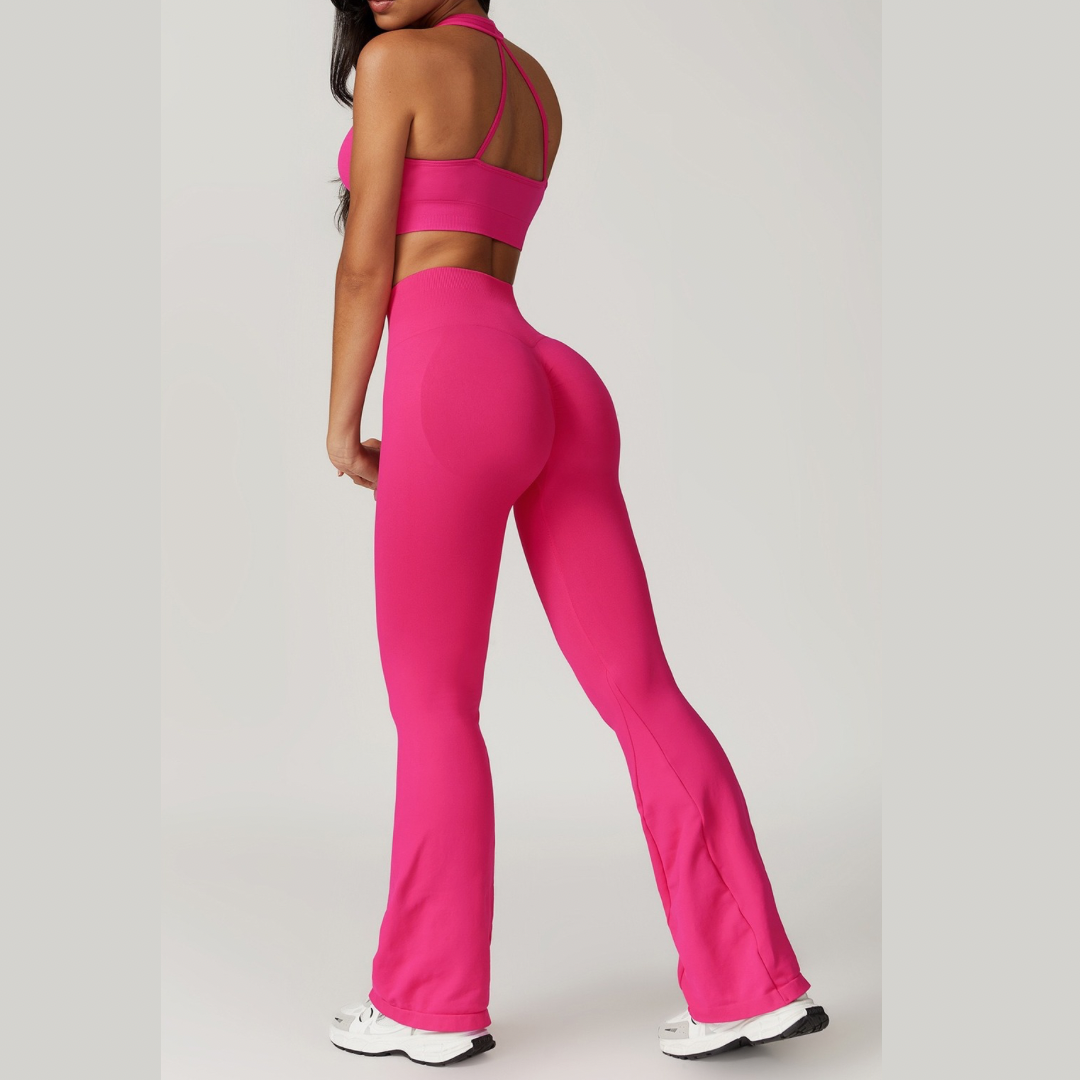 V-Neck Stylish Scrunched Flared Legging Set - Magenta