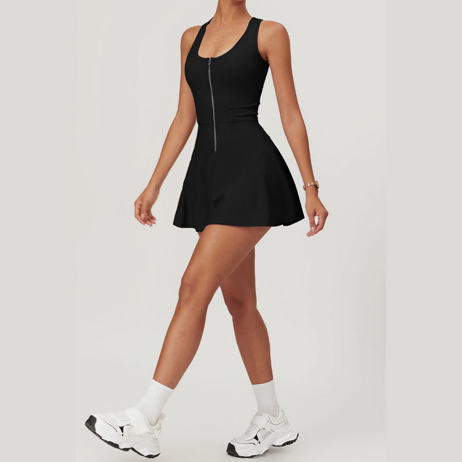 ANYA Tennis Zipped Stylish One Piece Sports Dress - Black