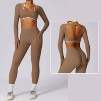 Long Sleeve Backless V-Shape Legging Set - Almond