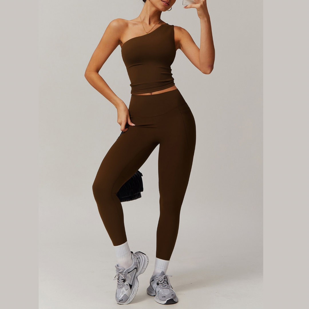 NANA Single Shoulder Top Legging Set - Coffee