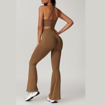 V-Neck Stylish Scrunched Flared Legging Set - Brown