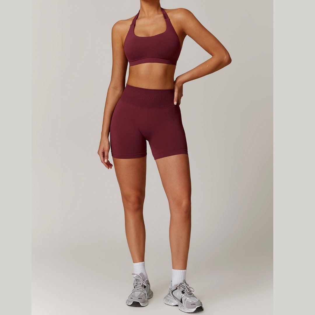 SANDY Backless Top Seamless Short Set - Burgundy