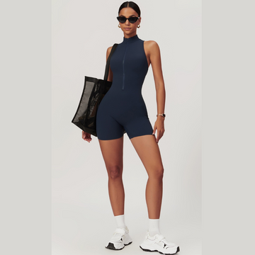 Stylish Zipper Scrunched Romper - Navy