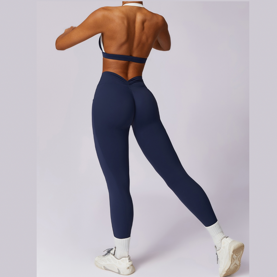 White Strap Backless V-Shape Legging Set - Navy