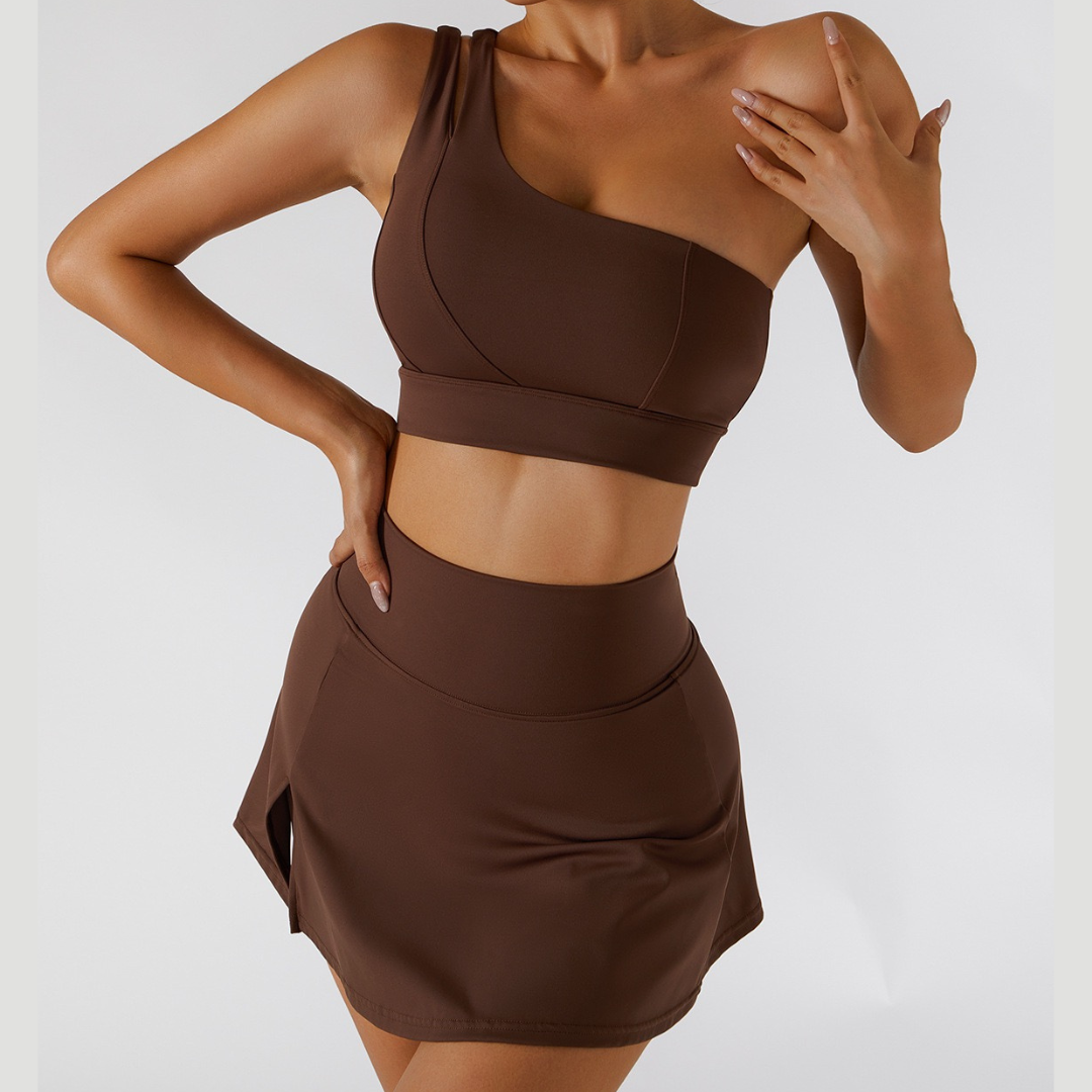 DONA Chic Single Shoulder Tennis Short Set - Dark Coffee