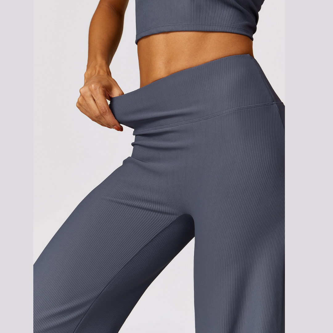 Premium Ribbed Elegant Pocket Flared Legging - Navy Grey