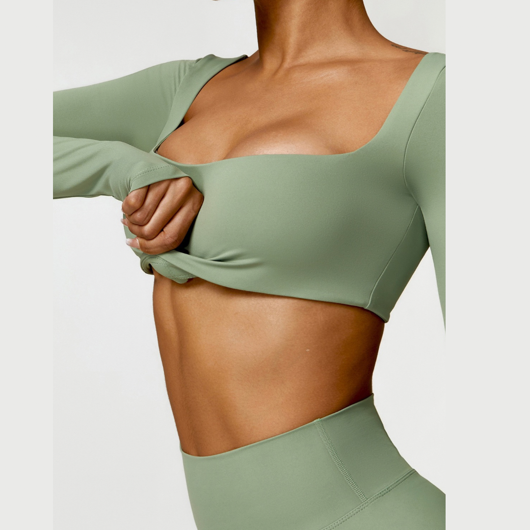 Stylish Long-Sleeve Top Scrunched Short Set - Green