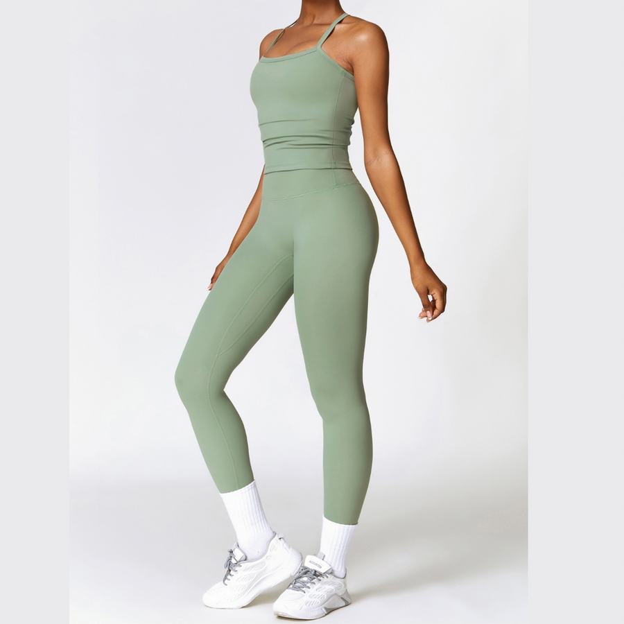 CHRISTIA Cross Back Vest Top Legging Set - Green