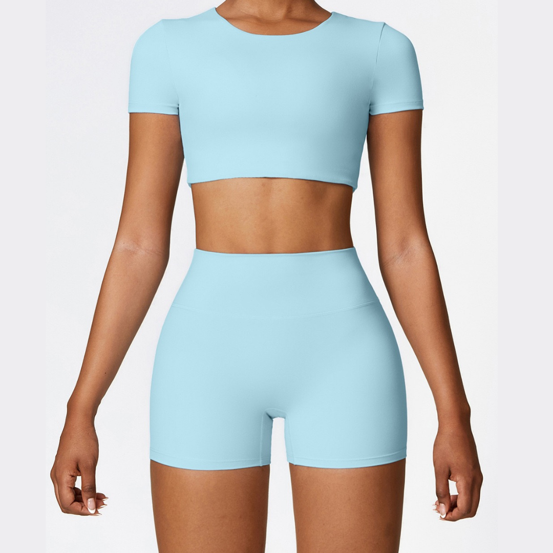 CHRISTIA Comfy Short Sleeve Crop Short Set - Sky Blue