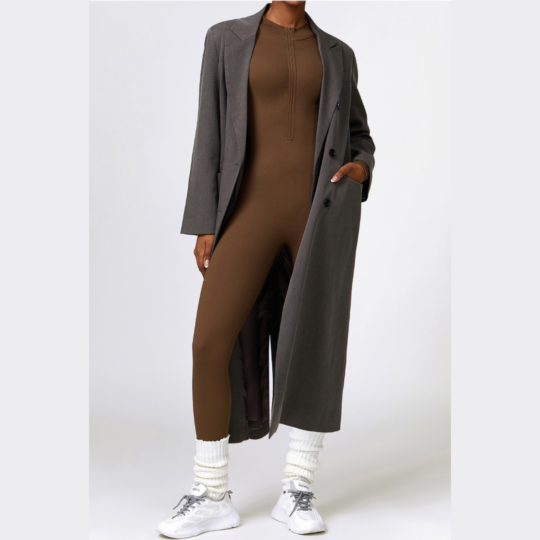 Zipped Long-sleeve Knit Jumpsuit - Coffee Brown