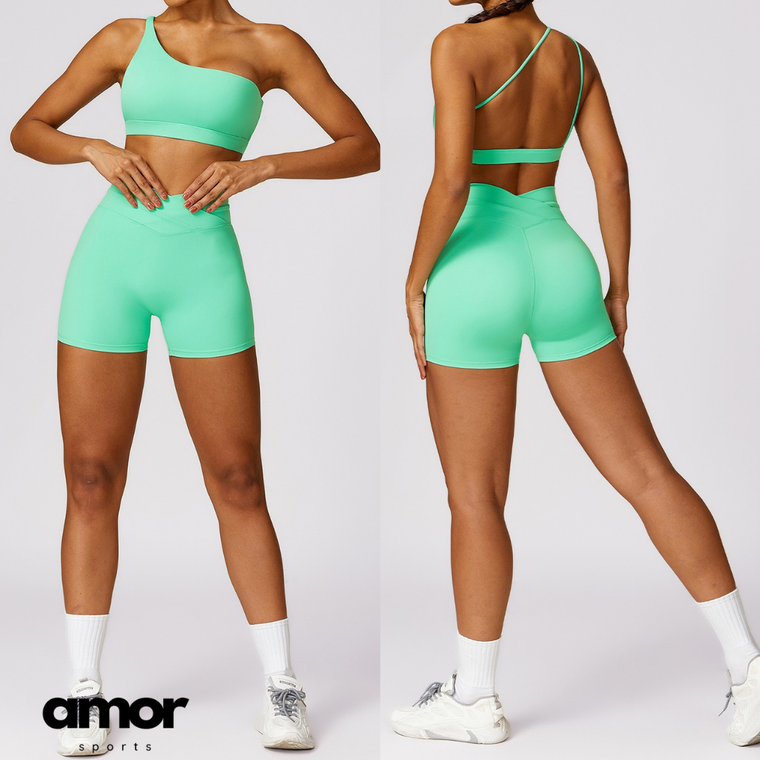 Single Shoulder Top with Short Set - Green