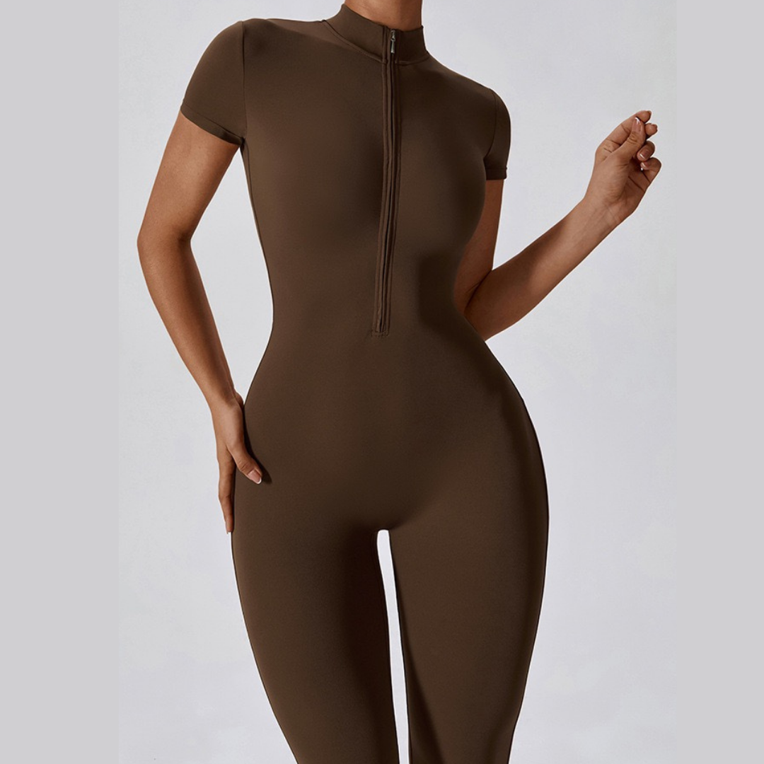 Classic Short-Sleeve Zipped Jumpsuit - Coffee