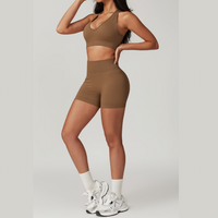 V-Neck Stylish Scrunched Short Set - Brown