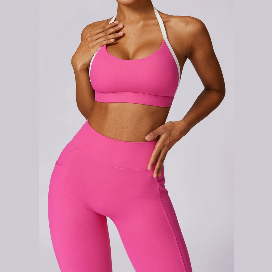 White Strap Backless V-Shape Legging Set - Pink