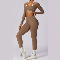 Long Sleeve Backless V-Shape Legging Set - Almond