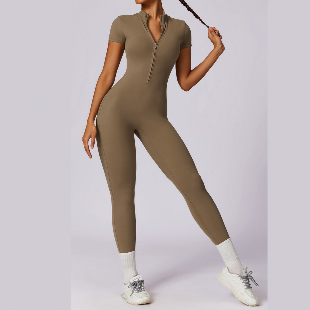 Classic Short-Sleeve Zipped Jumpsuit - Khaki