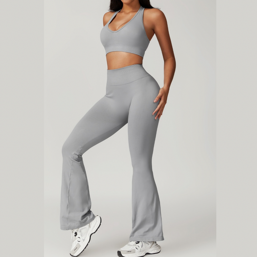 V-Neck Stylish Scrunched Flared Legging Set - Grey