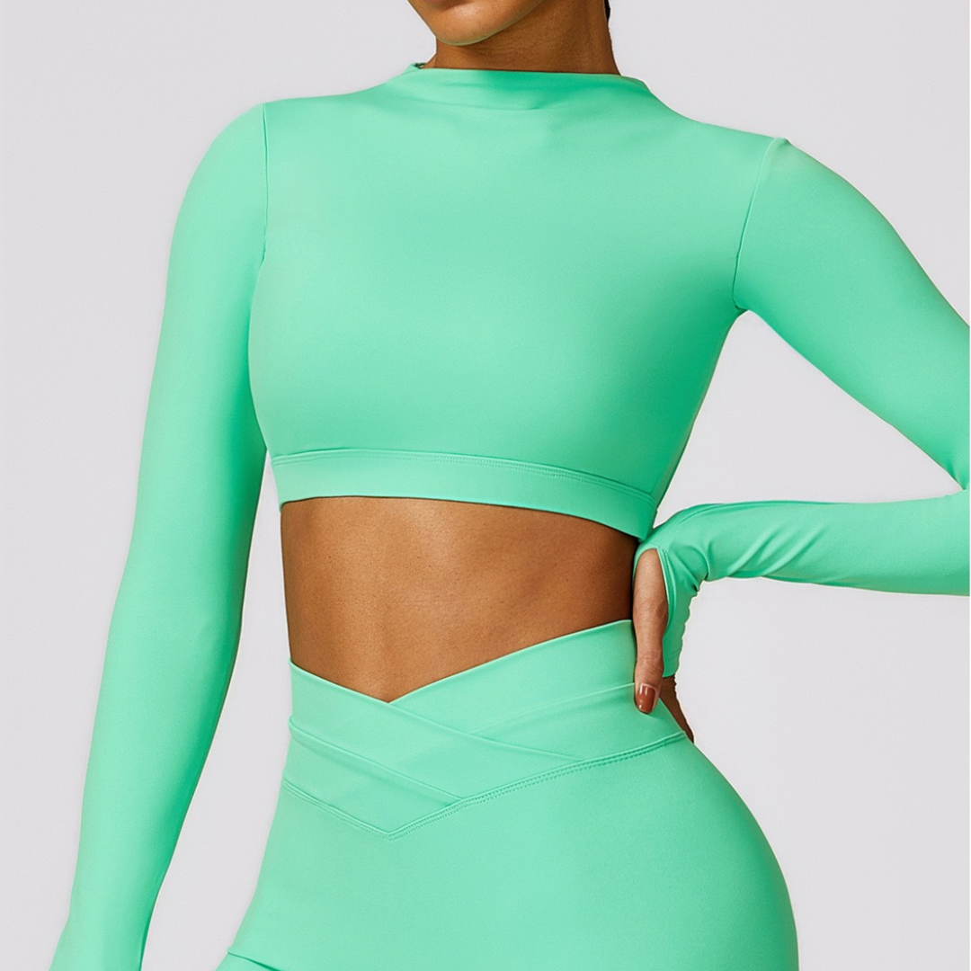 Κομψό μακρυμάνικο Premium Crop Top - Electric Green 