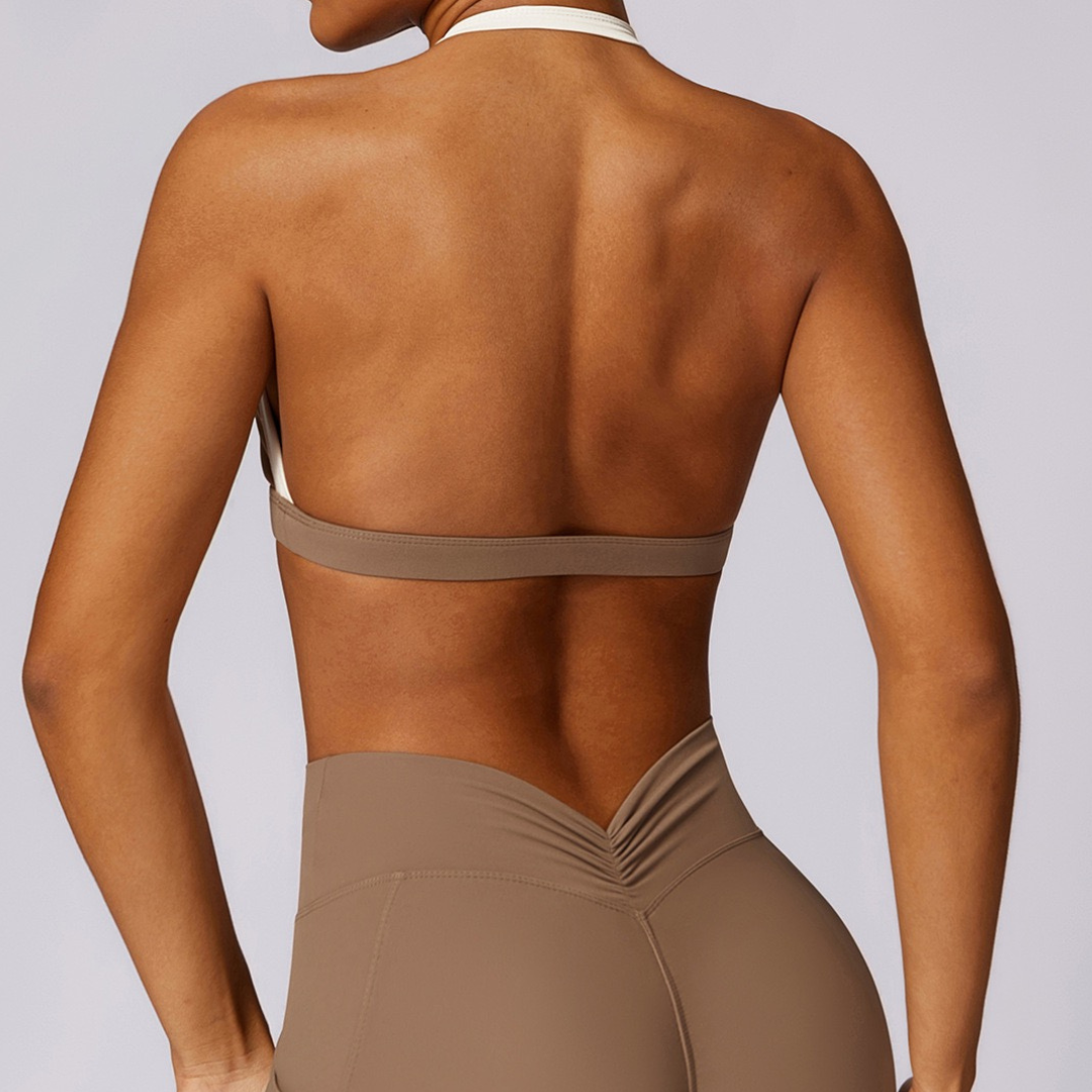 White Strap Stylish Backless Crop Top - Almond