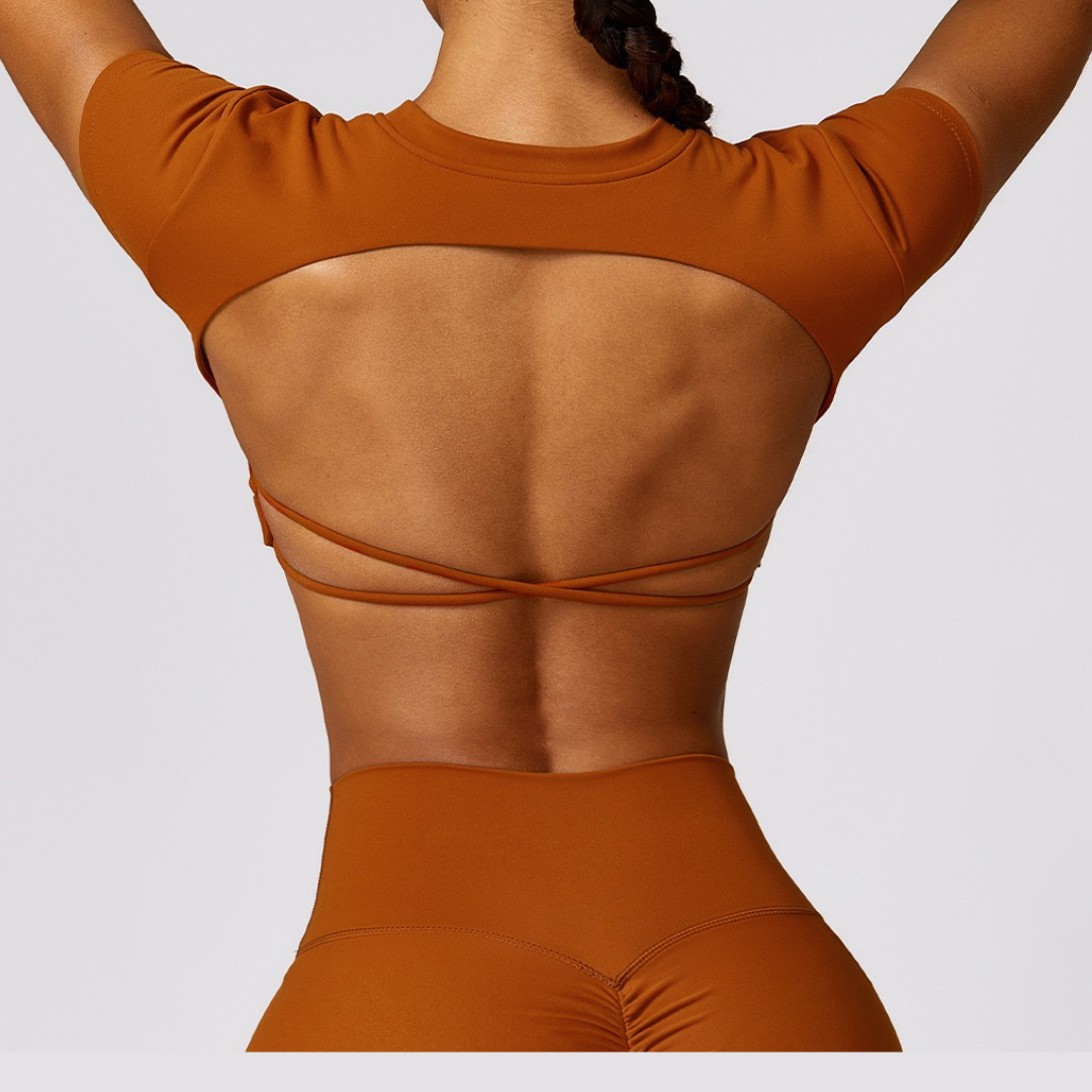 Stylish Backless Design Short Sleeve Crop Top - Red Clay