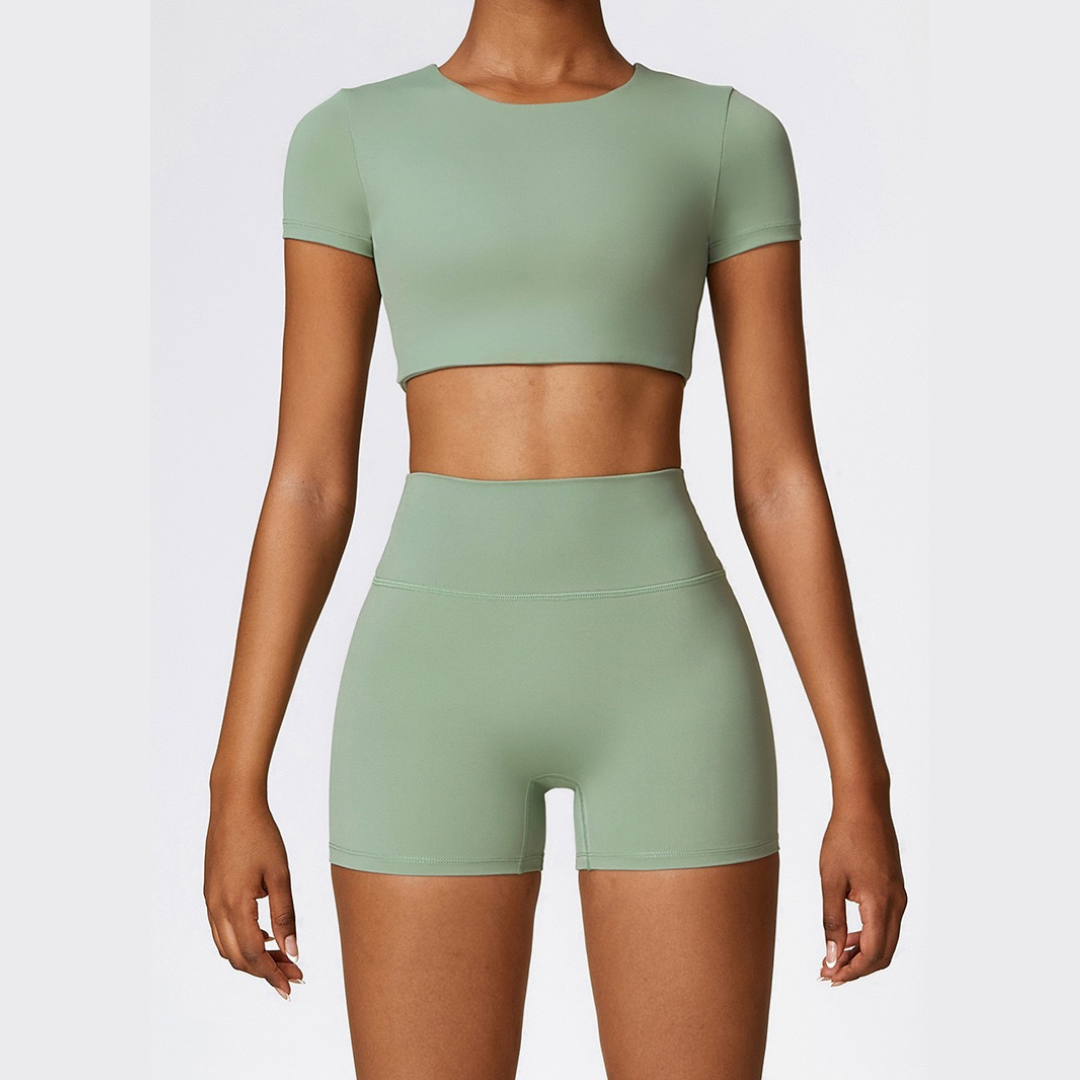 CHRISTIA Comfy Short Sleeve Crop Short Set - Green