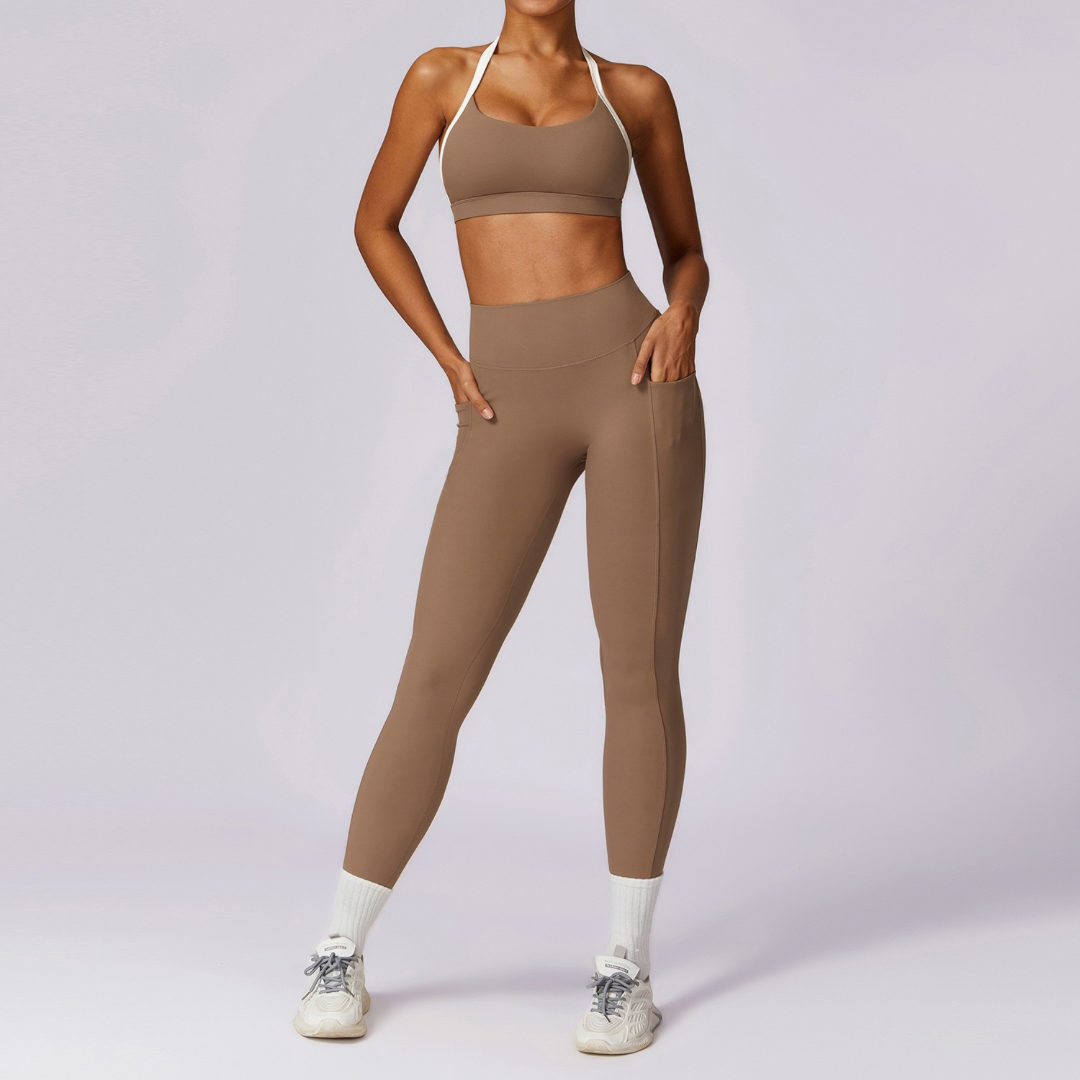 White Strap Backless V-Shape Legging Set - Almond