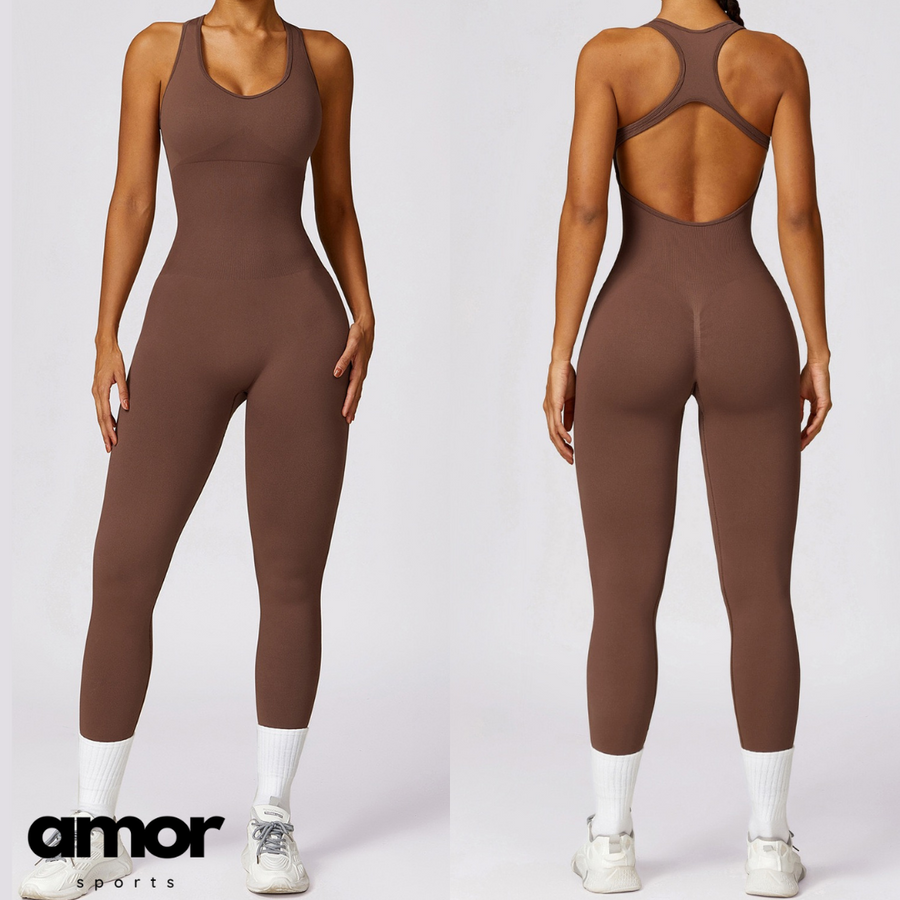 Seamless Cross Back Stylish Jumpsuit - Coffee