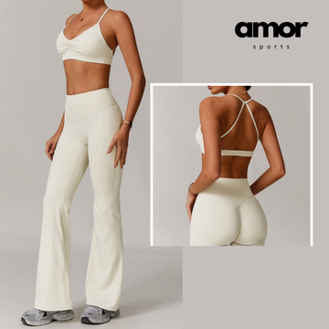 ELINA Comfy Sports Bra Flared Legging Set - Beige