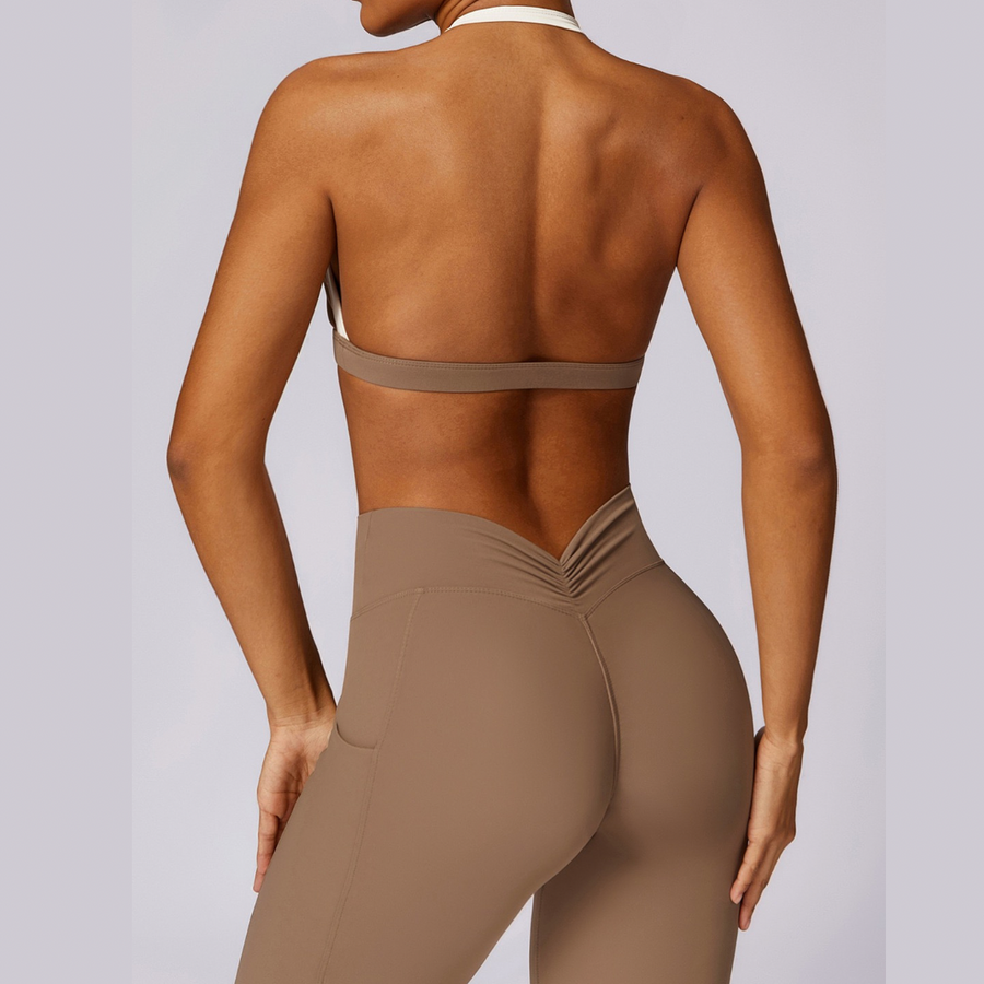 White Strap Backless V-Shape Legging Set - Almond