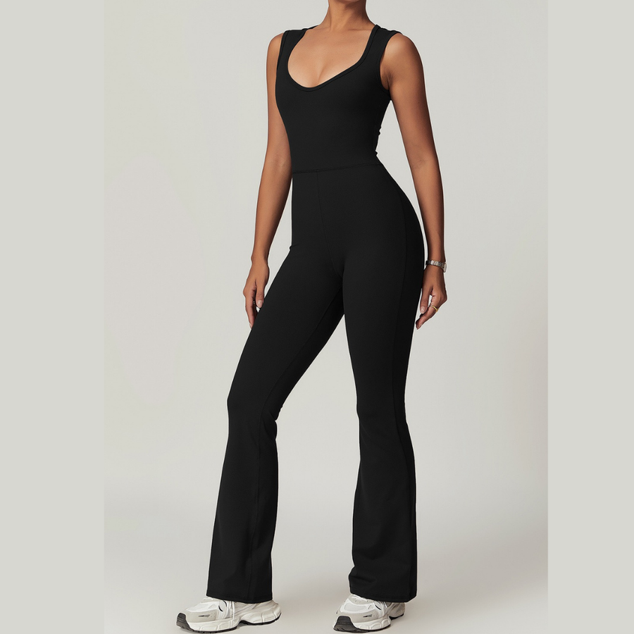 CATHY V-Shape Top Flared Bottom Jumpsuit - Black