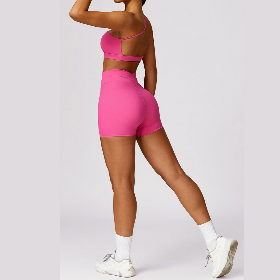 Single Shoulder Top with Short Set - Pink