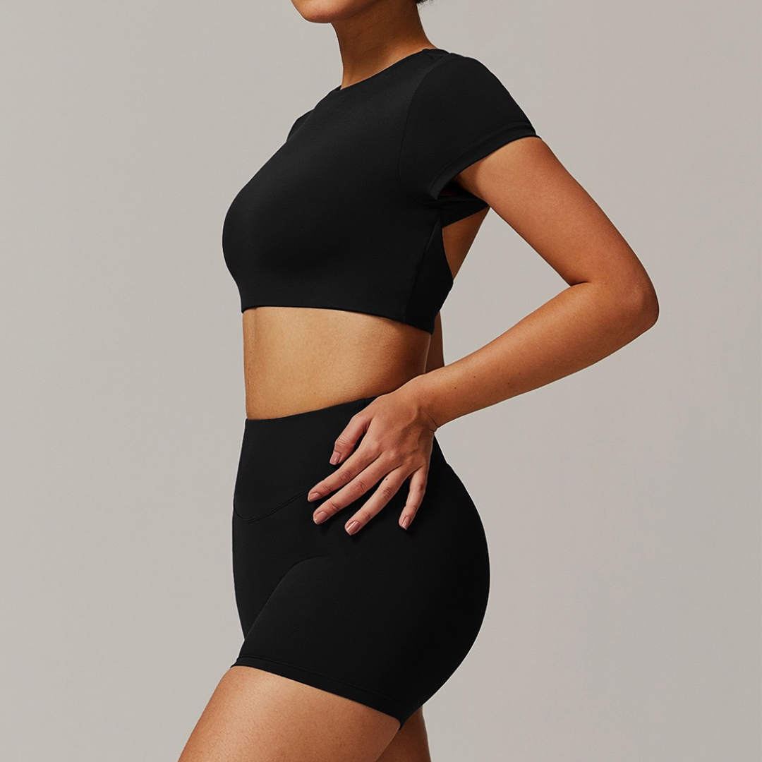EVA Premium Short Sleeve Top Short Set - Black