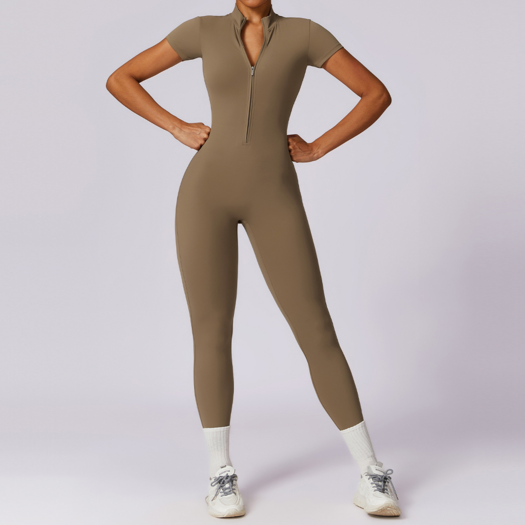 Classic Short-Sleeve Zipped Jumpsuit - Khaki