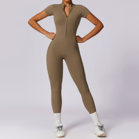 Classic Short-Sleeve Zipped Jumpsuit - Khaki